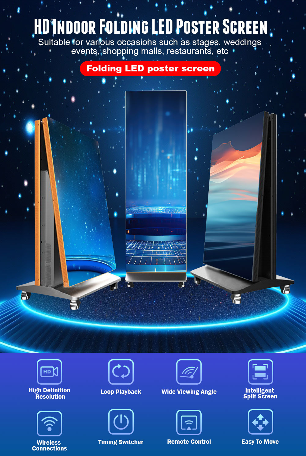 HD Indoor Folding LED Poster Screen — overview, three units on display with feature icons