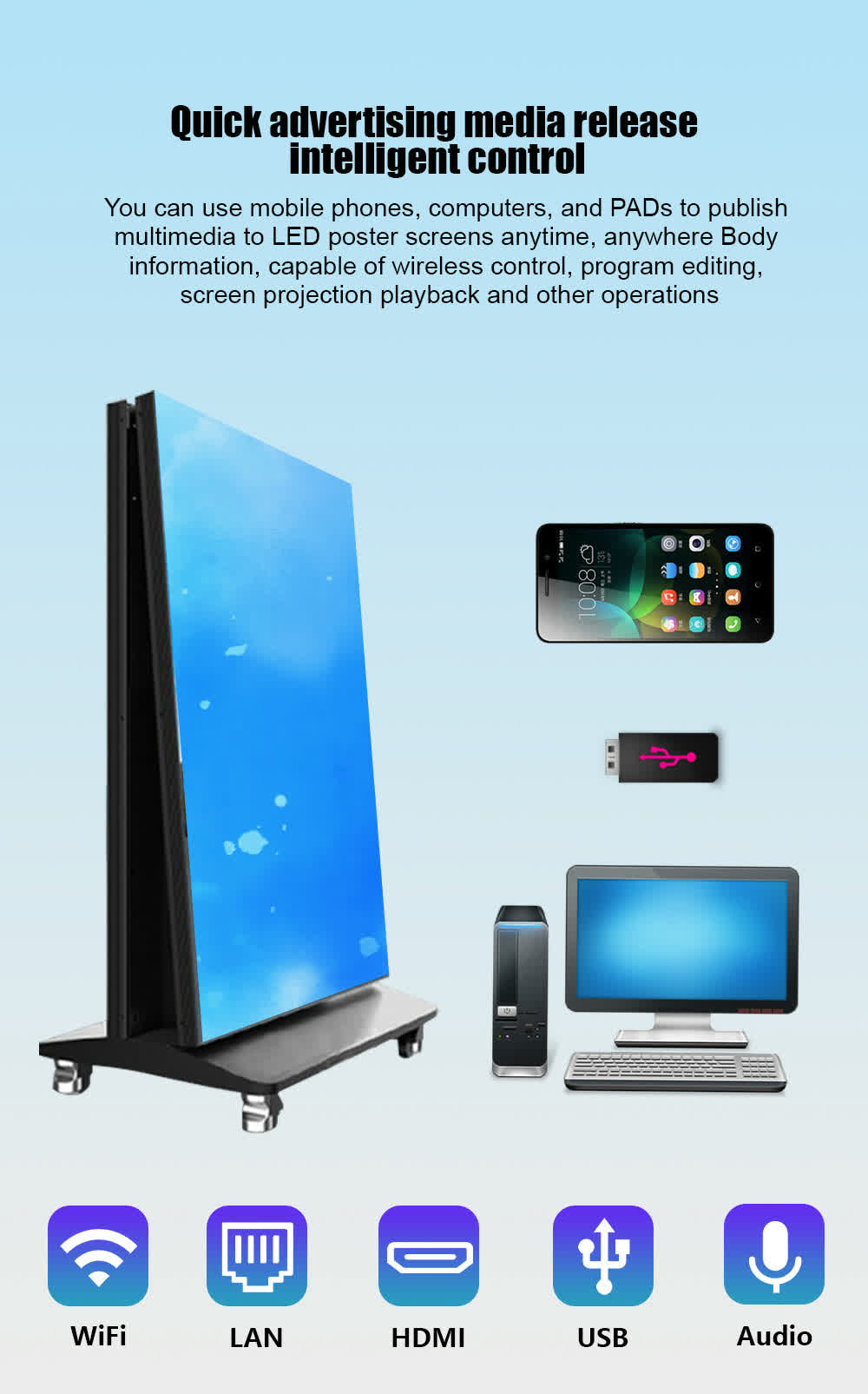 Wireless control from phone, USB, or computer — WiFi, LAN, HDMI, USB, Audio
